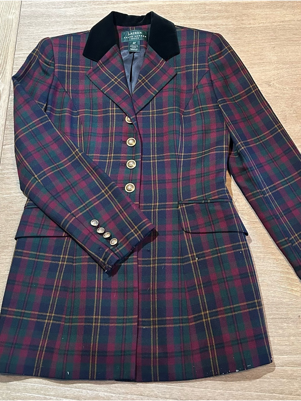 Vintage Lauren Ralph Lauren Tartan Plaid Wool Blazer Velvet Collar 4P